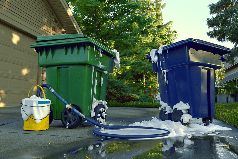Green and blue bins being professionally cleaned with soap